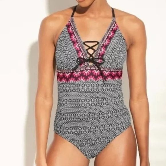 Kona Sol Other - Kona Sol Black White Swimsuit Cut Out Back One Piece Size M V-Neck Floral Trim